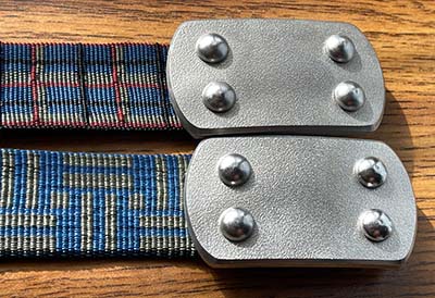 Brushed Bantam Buckles with Blue-Multi and Blue-Grey Patterned Belts