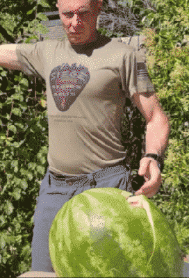 One blow with a SIEGE Belt destroys a watermelon