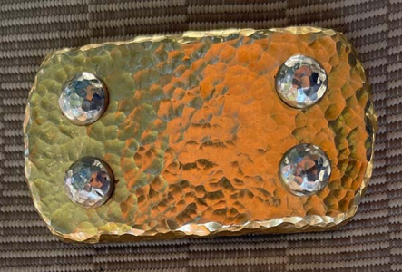 Motopos belt standard brass buckle with hammered and polished Rogue Moon finish on front, sides and bolt heads