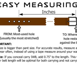For accurate results, measure a belt you wear from the most-used hole or position to the end of the buckle. If you plan to CCW IWB, then add 0.75" to your belt length, so that the belt is optimally centered between the carry and non-carry positions.